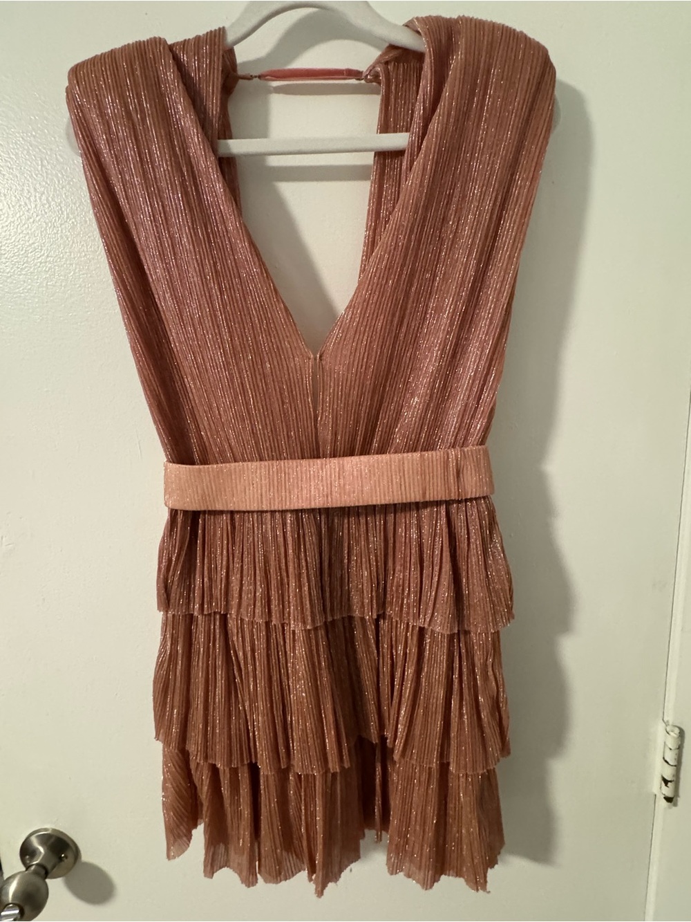 Sabina Musayev Shimmery Rose Gold Pleated V-Neck Tiered Dress